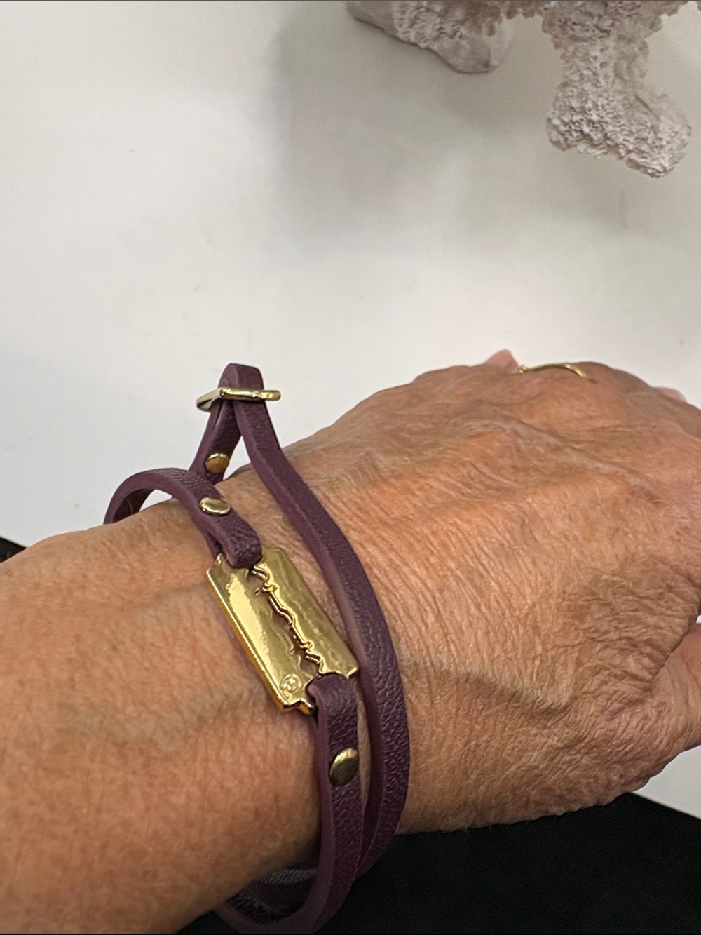 Alexander McQueen Plum Leather Double Wrap Bracelet with Gold Razor Plate